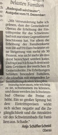 Leserbrief zur Erhöhung der Schwimmbadpreise